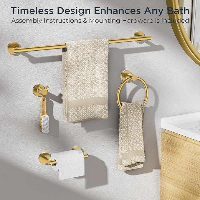 FORIOUS Bathroom Hardware Accessories Set, SUS304 Stainless Steel Towel Bar Set, Modern Towel Racks Holder for Bathroom, Toilet Paper Holder Wall Mounted 4 Pieces(24" Bar, Brushed Gold)