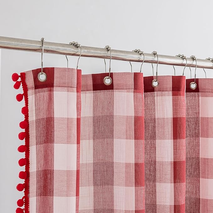VOILYBIRD Red and White Buffalo Plaid Boho Shower Curtain for Bathroom 72” x 72”