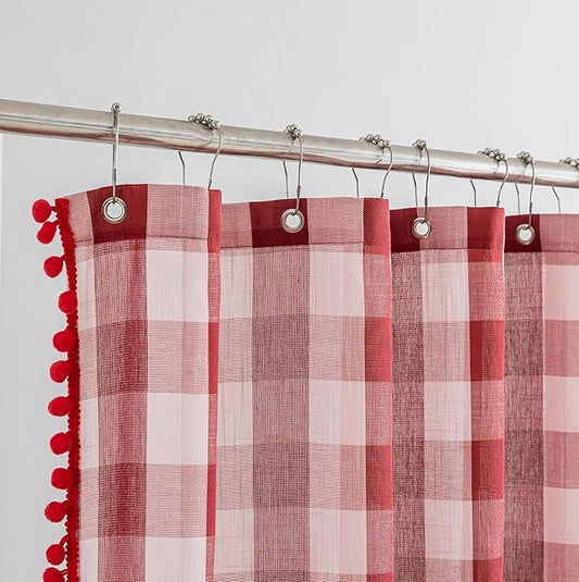 VOILYBIRD Red and White Shower Curtain Linen Texture Buffalo Plaid Farmhouse and Boho Mix with Pompoms 36"x72"