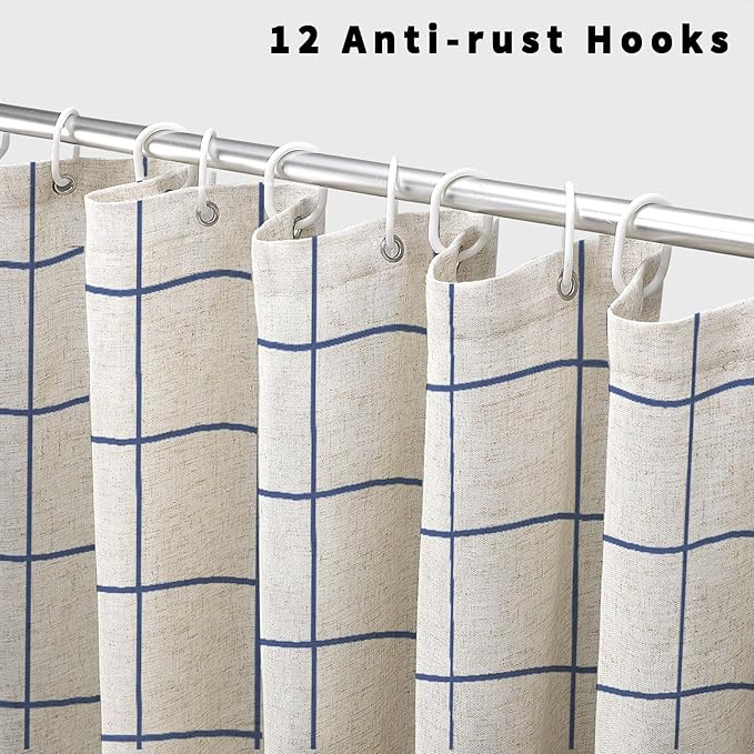 Farmhouse Plaid Shower Curtain Beige Linen Shower Curtains for Bathroom Natural Blue Pattern 72 x 72 Inch