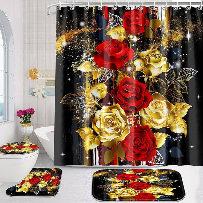 Poedist 4 Pcs Bathroom Set,Gold Dust Rose Shower Curtain Sets, Floral Shower Curtain Sets with Rugs(Bath Mat,U Shape and Toilet Lid Cover Mat) and 12 Hooks