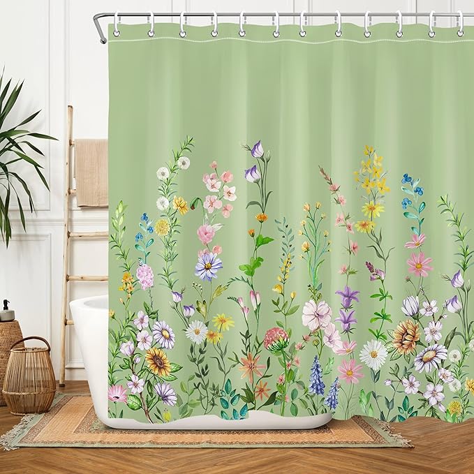 Green Floral Pretty Shower Curtain Flower Wildflower Bathroom Shower Curtain Set Boho Cute Shower Curtains Cloth Fabric Shower Curtain