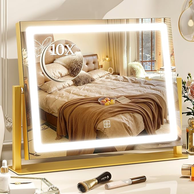 12" x16" LED Vanity Mirror with Lights, Gold Makeup Mirror with Lights, 10X Magnification Mirror with 3 Color Modes＆Dimmable, Light up Makeup Mirror for Vanity Desk, Travel