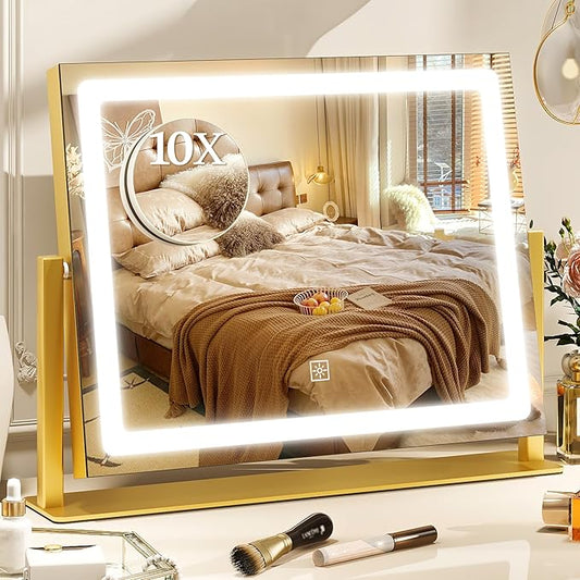 12" x16" LED Vanity Mirror with Lights, Gold Makeup Mirror with Lights, 10X Magnification Mirror with 3 Color Modes＆Dimmable, Light up Makeup Mirror for Vanity Desk, Travel