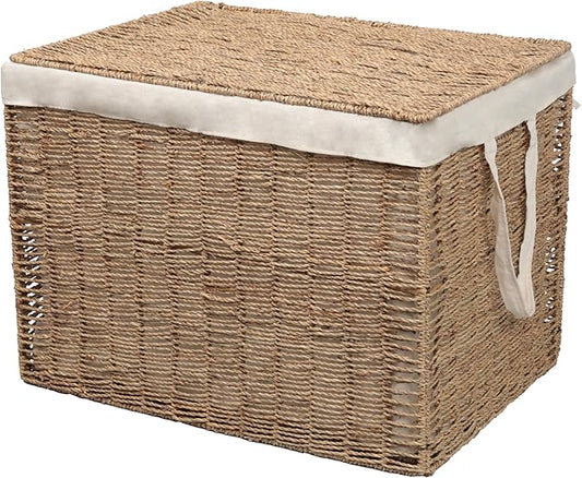 happimess BSK2017A Reed Coastal Bohemian Handwoven Seagrass Laundry Hamper 110L (29.1 Gallon) with Lid and Removable Liner, Seagrass Containers for Decoration in Living Room, Natural