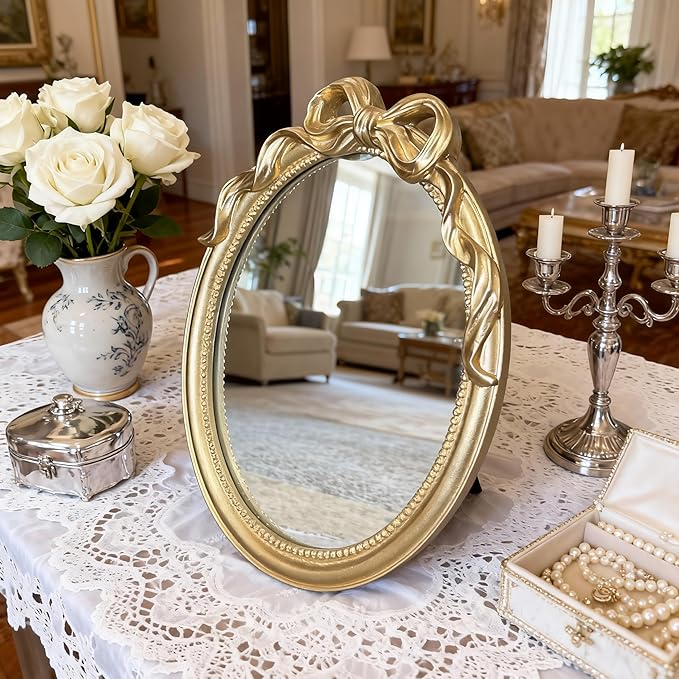 Vintage Vanity Desk Mirror - 13x10 Inch Wall-Mounted & Tabletop Decorative Ornate Gold Accent Retro Makeup Mirror for Bedroom Dresser Bathroom Living Room Dorm Oval