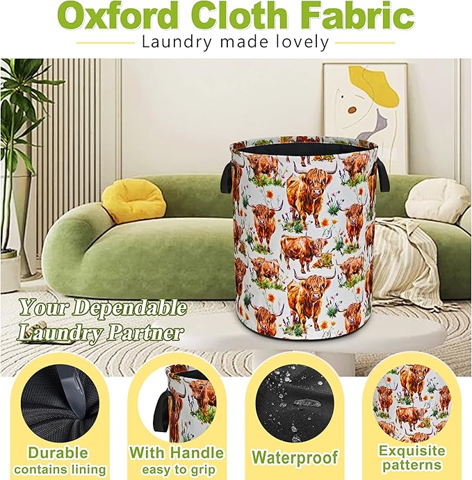 Highland Cow Laundry Basket Funny Cattle Foldable Waterproof Oxford Cloth Tote Bag Laundry Hamper Round Large Clothes Storage Bucket Toy Organizer For Bathroom/Laundry Storage/Bedroom 18.9x16.5 Inch