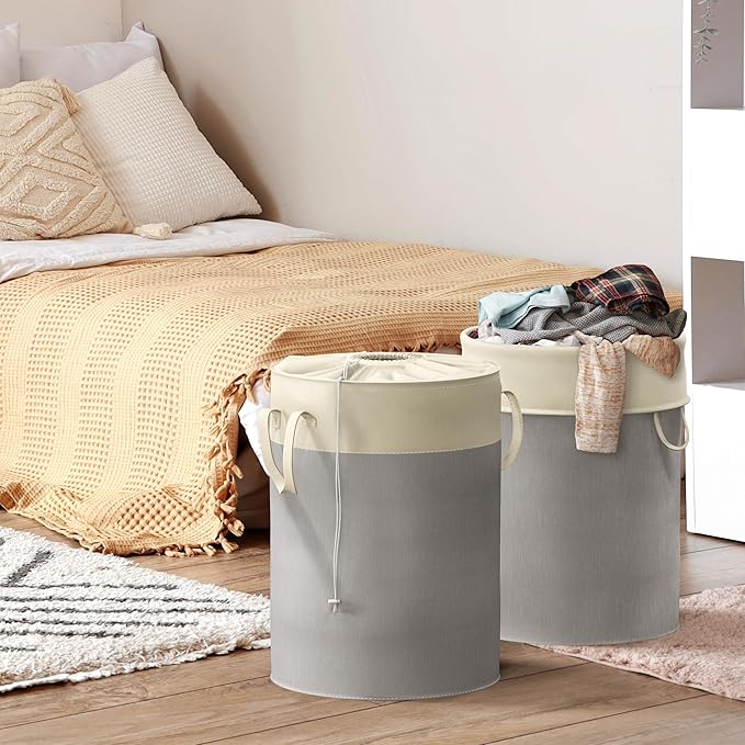 Simple Houseware 74L Collapsible Laundry Hamper, Round Cotton Basket with Drawstring Closure and Handles, 2 Pack, Gray