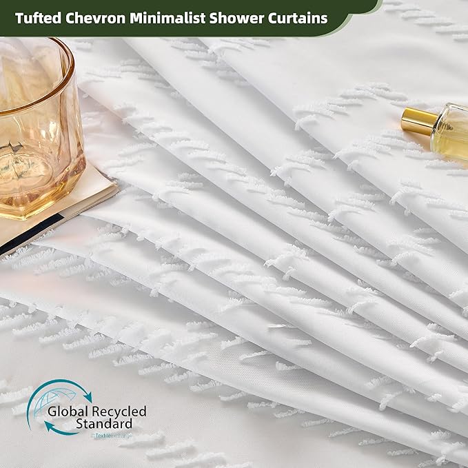 Extra Long White Boho Shower Curtain with Tassel, Woven Fabric 90 in Shower Curtain, Tufted Chevron Striped, 72 x 90, Modern Chic Textured Minimalist Bathroom Shower Curtains