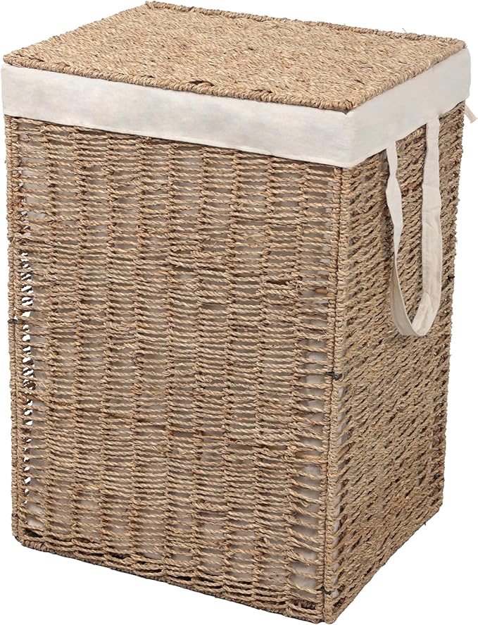 happimess BSK2016A Reed Coastal Bohemian Handwoven Seagrass Laundry Hamper 85L (22.5 Gallon) with Lid and Removable Liner, Seagrass Containers for Decoration in Living Room, Natural