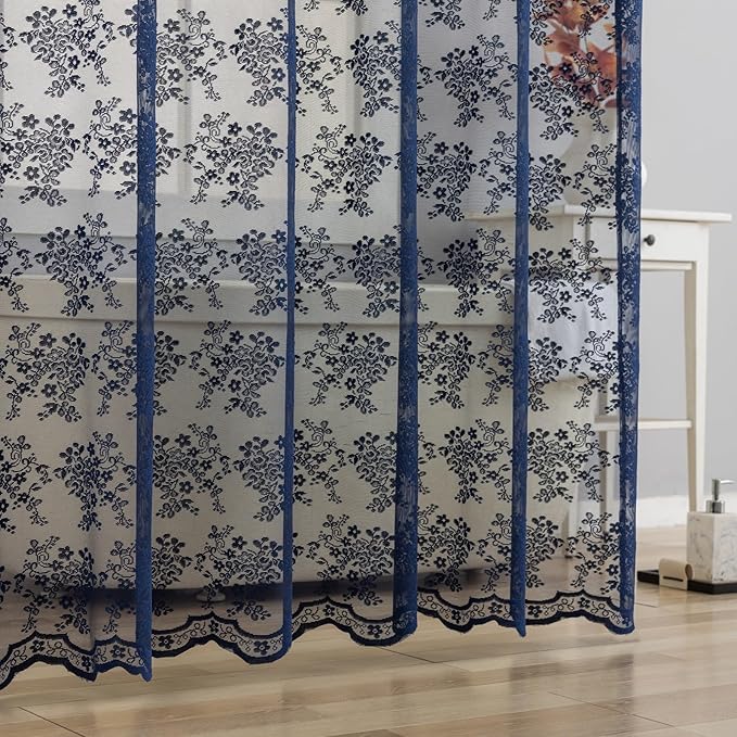 YJ YANJUN Navy Blue Shower Curtain with Attached Valance Vintage Floral Lace Shower Curtain for Bathroom Boho Feminine Scallop Edge Bathroom Curtains 1 Panel, 72 x 72 Inch Navy