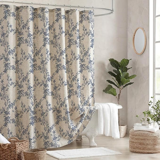 Blue Floral Farmhouse Vintage Linen Shower Curtain, French Country Cottagecore Shower Curtain for Bathroom