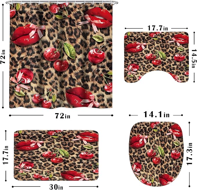 LIGHTINHOME 4 PCS Lip Cherry Leopard Shower Curtain Set 72Wx72H,Toilet Lid Cover,Non-Slip Rugs and U-Shaped Mat,Retro Cheetah Bathroom Sets with Rugs Shower Accessories 12 Hooks for Bathroom Decor