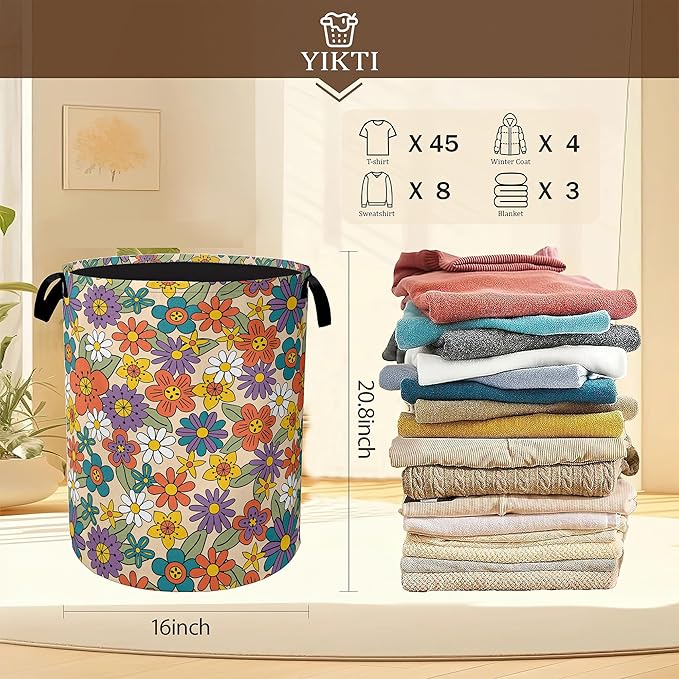 70s Groovy Flower Laundry Hamper,Hippie Flowers Collapsible Laundry Baskets,Waterproof Oxford Cloth Laundry Room Organization for Bedroom,Bathroom,Nursery,16x20 Inch