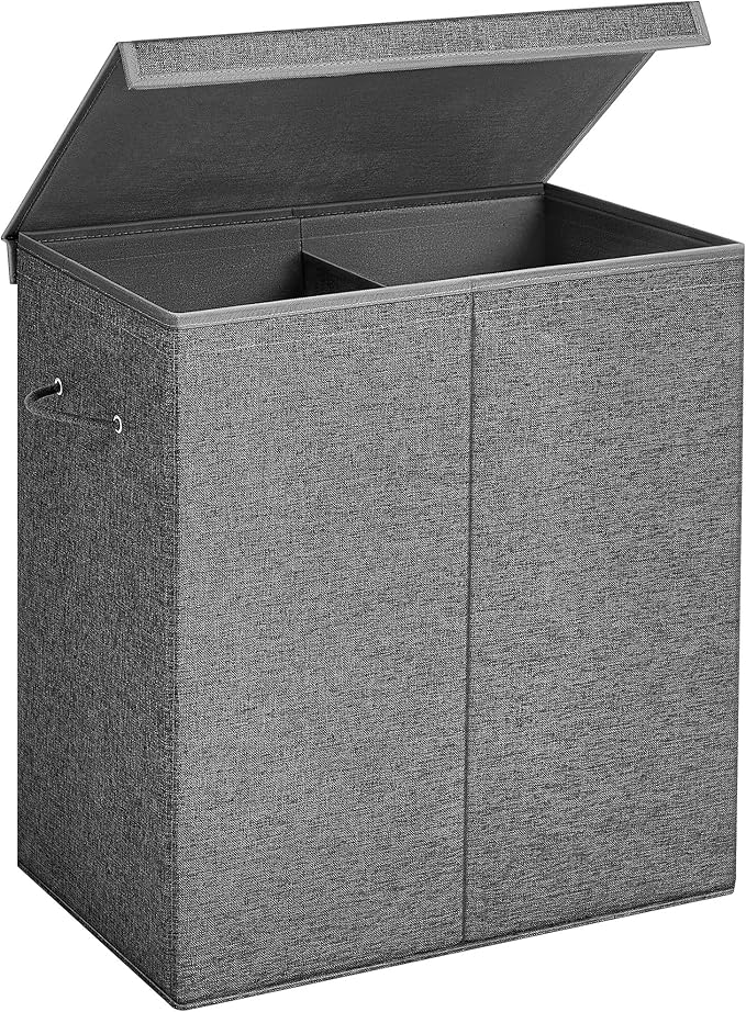 SONGMICS Laundry Basket, Laundry Hamper with 2 Compartments, 37.5 Gal. Foldable Laundry Sorter with Magnetic Lid and Handles, Removable Liner Bag, Dark Gray ULCB002G02