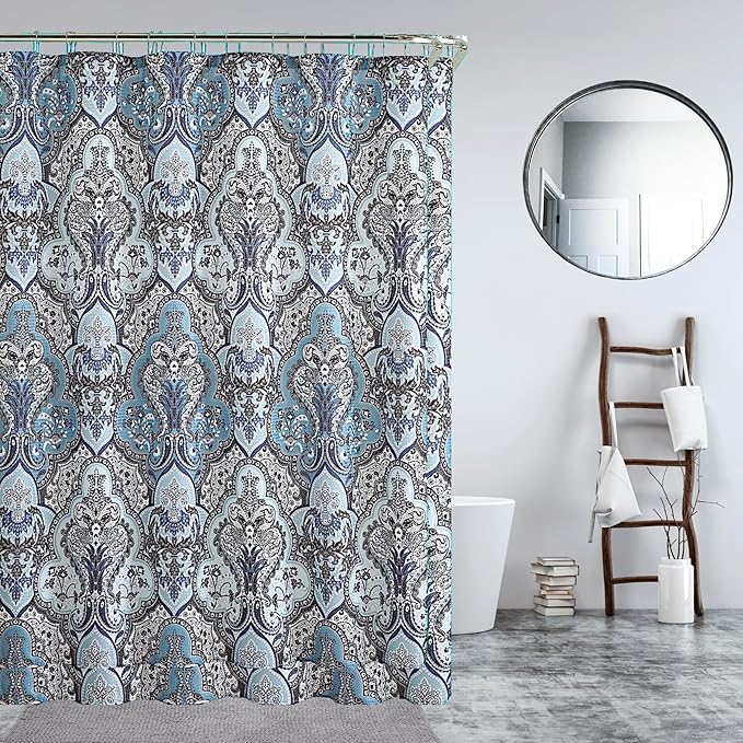 Decorative Blue & Silver Grey Gray Boho Fabric Shower Curtain, Modern Farmhouse for Vintage Rustic Bathroom Decor, Floral Victorian, 72 x 72