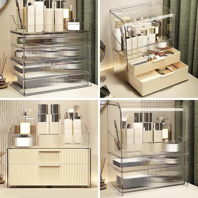 DASITON Clear Cover Dustproof Three layers Storage Box,Makeup Brush Holder,Large Capacity Desktop Storage Box with Drawer,for Beauty Products,Perfume,Jewelry,Nail Polish