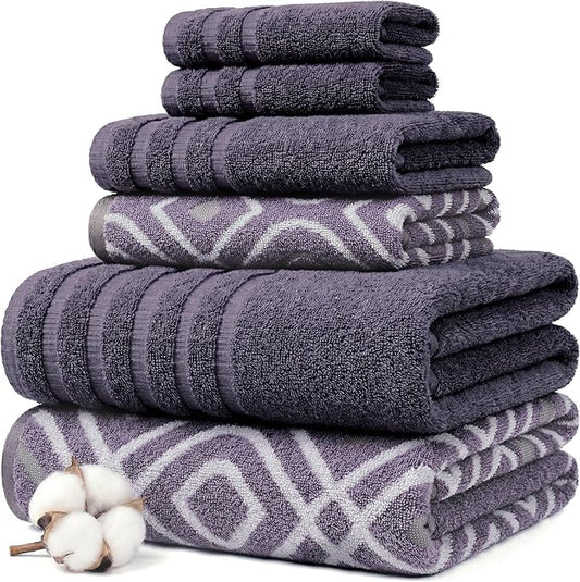 Modern Threads Classic Diamond 6-Piece 100% Cotton Towel Set – Yarn Dyed Jacquard – Includes 2 Bath Towels, 2 Hand Towels, 2 Washcloths – Absorbent, Quick Dry, Soft & Durable – Purple