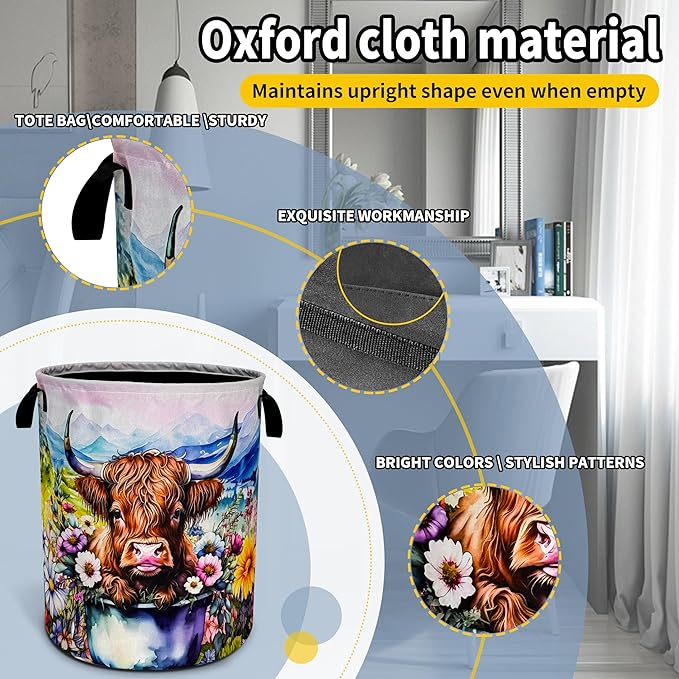 Highland Cow Laundry Basket Colorful Flowers Foldable Oxford Cloth Funny Tote Bag Laundry Hamper Clothes Storage Bucket Toy Organizer For Bathroom/Laundry Storage/Bedroom 18.9x16.5 Inch