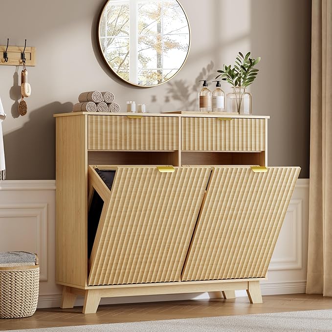 Double Tilt Out Laundry Hamper Cabinet, 20 Gallon Wooden Trash Can Cabinet with Storage Drawers, Hidden Fluted Garbage Can Holder for Kitchen, Living Room (Natural Wood, 39.34"W x 35.83"H x 13"D)