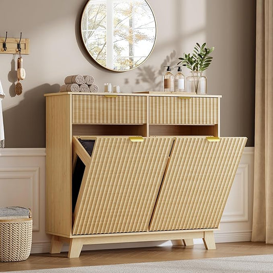 Double Tilt Out Laundry Hamper Cabinet, 20 Gallon Wooden Trash Can Cabinet with Storage Drawers, Hidden Fluted Garbage Can Holder for Kitchen, Living Room (Natural Wood, 39.34"W x 35.83"H x 13"D)