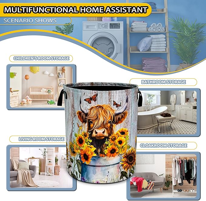 NUTAINLA Highland Cow Sunflower Laundry Basket Animal Foldable Oxford Cloth Funny Tote Bag Laundry Hamper Clothes Storage Bucket Toy Organizer For Bathroom/Laundry Storage/Bedroom 18.9x16.5 Inch