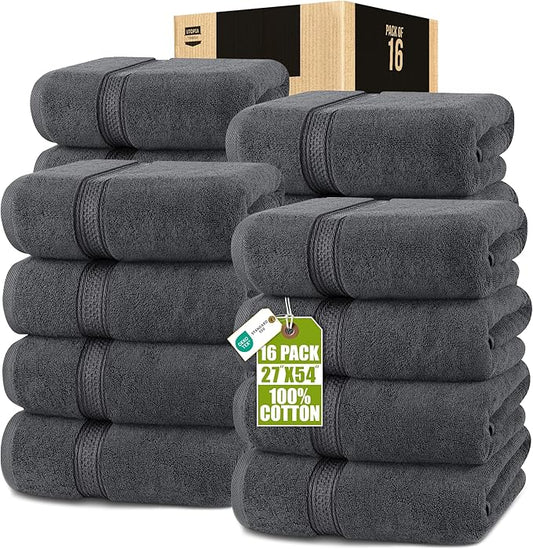 Utopia Towels 16 Pack Premium Bath Towels Set, 27 by 54 Inches, 100% Ring Spun Cotton 600GSM, Lightweight and Highly Absorbent Quick Drying Towels, Perfect for Daily Use, Grey