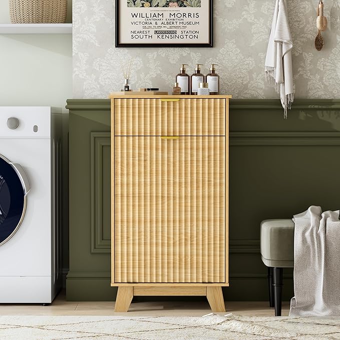 Double Tilt Out Laundry Hamper Cabinet, 20 Gallon Wooden Trash Can Cabinet with Storage Drawers, Hidden Fluted Garbage Can Holder for Kitchen, Living Room (Natural Wood, 20.47"W x 35.83"H x 13"D)