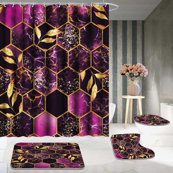 Poedist 4 Pcs Bathroom Shower Curtain Set,Purple Honeycomb Marble Bathroom Sets with Rugs(Bath Mat,U Shape and Toilet Lid Cover Mat) and 12 Durable Hooks