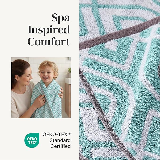 Modern Threads Classic Diamond 6-Piece 100% Cotton Towel Set – Yarn Dyed Jacquard – Includes 2 Bath Towels, 2 Hand Towels, 2 Washcloths – Absorbent, Quick Dry, Soft & Durable – Aqua