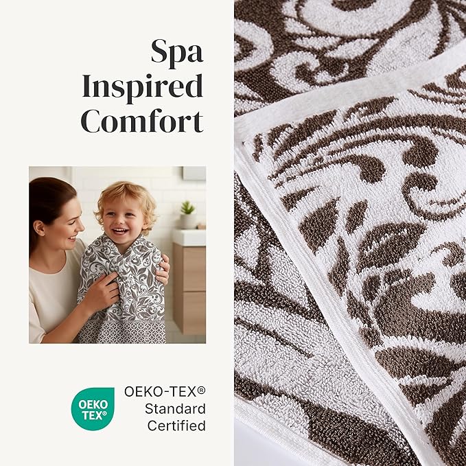 Modern Threads Botanical Vine 6-Piece 100% Cotton Towel Set – Reversible Yarn Dyed Jacquard – Includes 2 Bath Towels, 2 Hand Towels, 2 Washcloths – Absorbent, Quick Dry, Soft & Durable – Taupe Brown