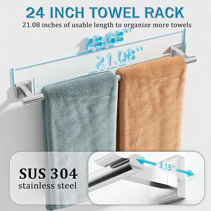 Alise 24 Inch Bathroom Towel Bar, SUS304 Stainless Steel Towel Racks for Bathroom, Towel Rack Wall Mounted Heavy Duty Hand Towel Holder Single Towel Bar, Brushed Nickel