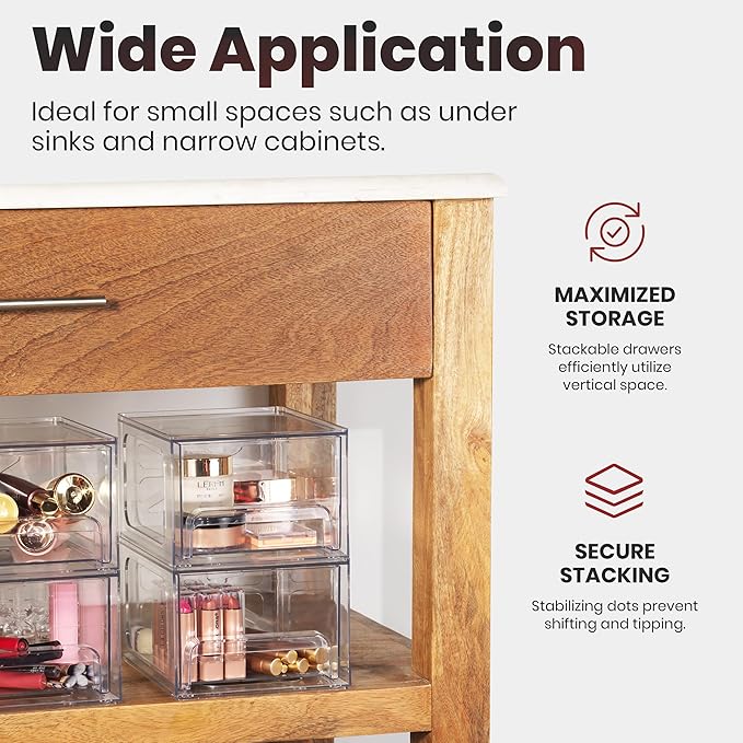 Oizeir Acrylic Drawer Organizer 2-Pack ?€? Clear Stackable Storage Drawers for Makeup, Skincare, Vanity, Bathroom, Under Sink, Kitchen & Office ?€? Non-Slip, Durable, Multi-Purpose Organizer Bins