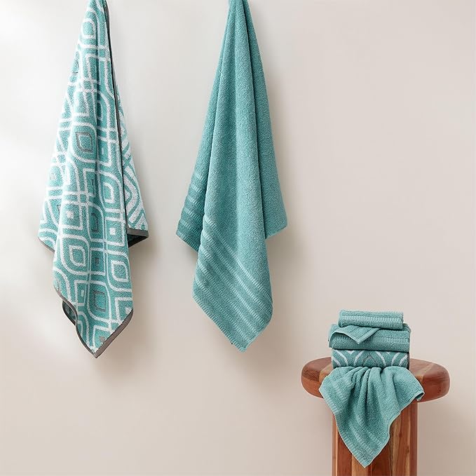 Modern Threads Classic Diamond 6-Piece 100% Cotton Towel Set – Yarn Dyed Jacquard – Includes 2 Bath Towels, 2 Hand Towels, 2 Washcloths – Absorbent, Quick Dry, Soft & Durable – Aqua
