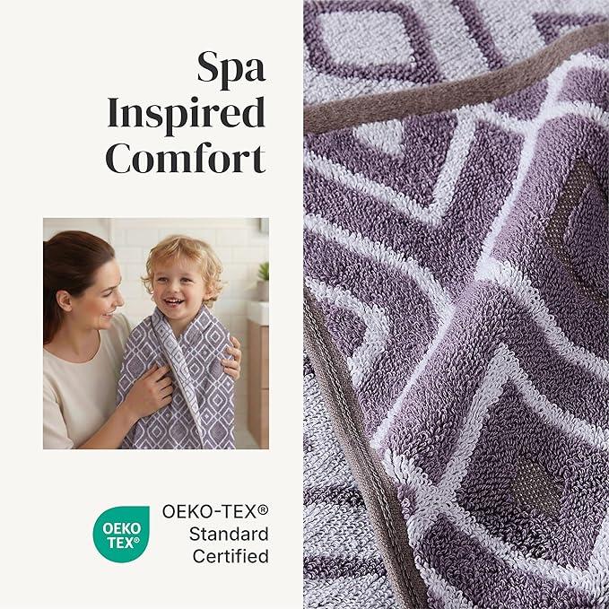 Modern Threads Classic Diamond 6-Piece 100% Cotton Towel Set – Yarn Dyed Jacquard – Includes 2 Bath Towels, 2 Hand Towels, 2 Washcloths – Absorbent, Quick Dry, Soft & Durable – Purple
