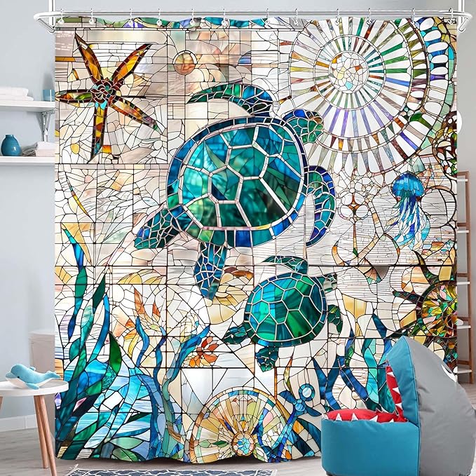 Accnicc Nautical Sea Turtle Shower Curtain Teal Blue Stained Glass Ocean Theme Coastal Shower Curtains for Bathroom Extra Long Vintage Map Beach Waterproof Fabric Bath Curtain Decor 72x84 Inches