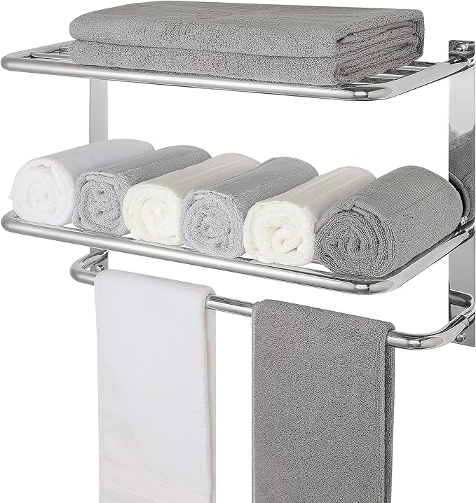 Towel Rack for Bathroom, DEWVIE 24 Inch Tower Holder with Tower Bars, SUS 304 Stainless Steel Lavatory Bath Towel Shelf Towel Hanger Wall Mount, 3-Tier (Brushed Nickel)