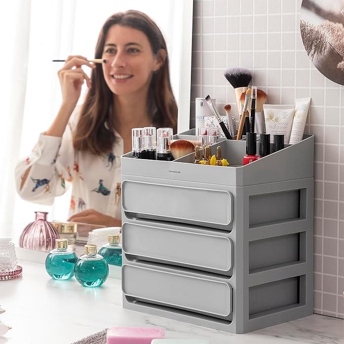 InnovaGoods® Makeup Organizer with 3 Drawers, 9 Compartments, Removable Tray, Bathroom or Bedroom Storage for Lipsticks, Palettes, Creams, Makeup Display Set, Grey