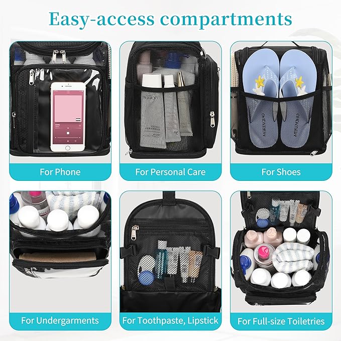 Hanging Shower Caddy Portable - Travel Toiletry Bag for Men & Women, Large Capacity Caddy Dorm Basket, Quick Dry Toiletry Tote Bag with Stain Resistant Bottom for Bathroom, Beach, Camp, Gym