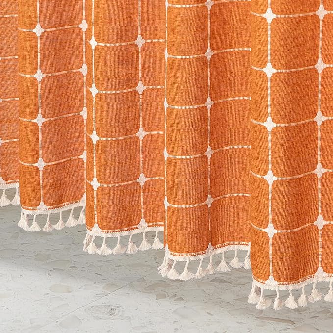 MitoVilla Orange Boho Shower Curtains for Modern Farmhouse Bathroom Decor, Vintage Country Thick Polyester Linen Fabric Shower Curtain, Rustic Tassel Cloth Shower Curtain, 72 x 72