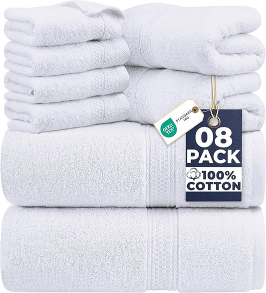 Utopia Towels 8 Piece Luxury Towel Set – Majestic Plush, Super Absorbent & Quicker-to-Dry, Thick 100% Ring Spun Cotton Towels for Bathroom, Spa & Hotel – 2 Bath, 2 Hand, 4 Washcloths, White