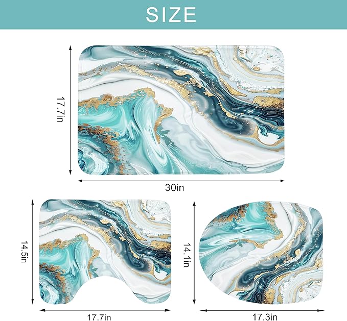 Newsely 4Pcs Teal Fluid Gold Marble Shower Curtain Set with Non-Slip Rugs, Toilet Lid Cover and Bath Mat, Modern Abstract Ocean Shower Curtain with 12 Hooks,Luxury Bath Curtain for Bathroom Decor