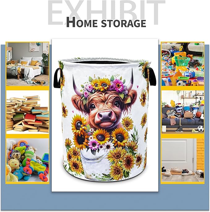 Highland Cow Laundry Basket Sunflower Flower Foldable Oxford Cloth Funny Tote Bag Laundry Hamper Clothes Storage Bucket Toy Organizer For Bathroom/Laundry Storage/Bedroom 18.9x16.5 Inch