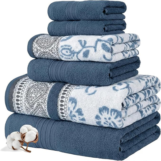 Modern Threads Floral Trail 6-Piece 100% Cotton Towel Set – Reversible Yarn Dyed Jacquard - Includes 2 Bath Towels, 2 Hand Towels, 2 Washcloths – Absorbent, Quick Dry, Soft & Durable – Navy