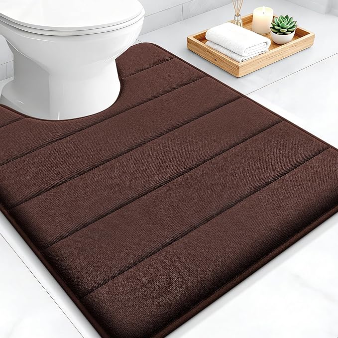 OLANLY Memory Foam Toilet Rugs U Shaped 24x20, Super Soft Absorbent Contour Bath Rugs, Quick Dry, Machine Washable Toilet Mat, Bathmat Floor Carpet, Bathroom Home Decor Accessories, Brown