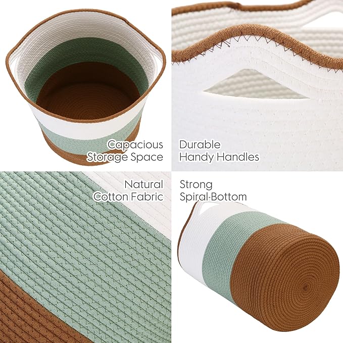 Sea Team Large Size Cotton Rope Woven Storage Basket with Handles, Laundry Hamper, Fabric Bucket, Drum, Clothes Toys Organizer for Kid's Room, 20 x 14 inches, Round Open Design, Green & Brown