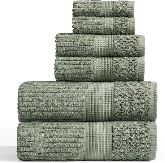 Springtree Home 100% Cotton Towel Set 6 Piece Set | Super Soft & Absorbent Quick-Dry 2 Bath Towels 2 Hand Towels & 2 Washcloths |Textured and Durable Cotton | Krista Collection (Lily Pad Green)