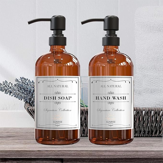 Sunrise Premium 4 Pack Amber Glass Soap Dispenser 16 OZ with Matte Black Stainless Steel Pump, Hand and Dish Soap Dispenser Set for Bathroom and Kitchen Sink with 12 Waterproof Labels