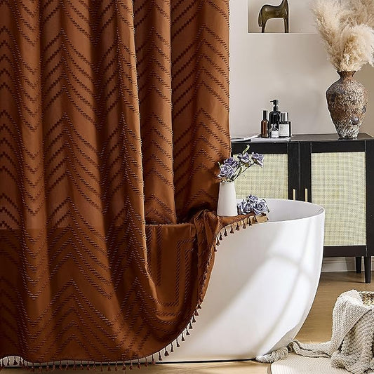 Extra Long Shower Curtains Burnt Orange 72 x 96 Inches Tufted Chevron Fabric for Bathroom Vintage Shabby Chic Waterproof Cloth Shower Curtain