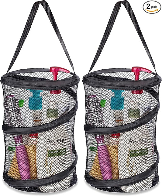Handy Laundry Foldable Shower Caddy - Collapsible, Portable, Drainage Hole, Carry Handle, Large Compartments, Great Organizer for Camp, Travel, Gym, and Dorm (Black) (Pack of 2)